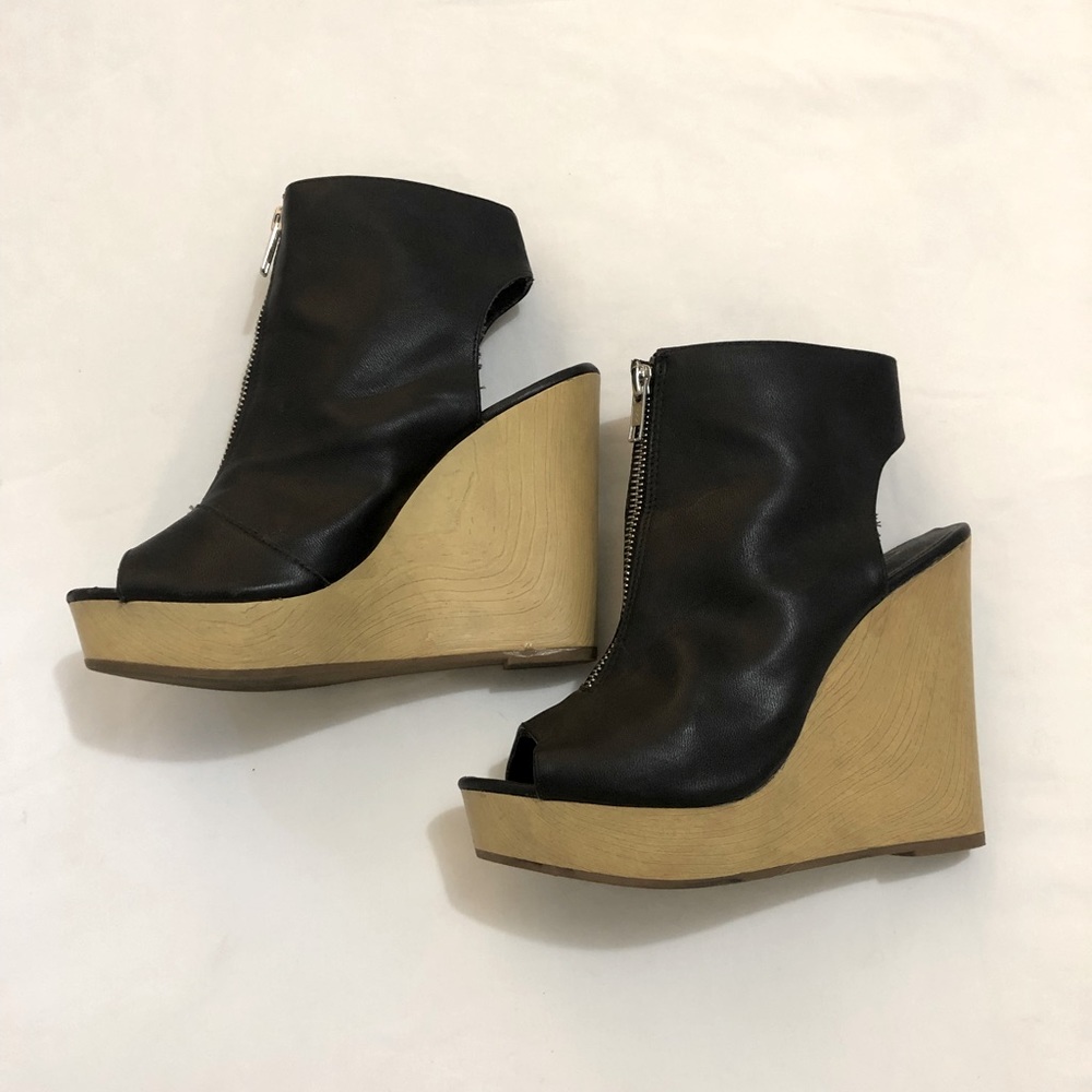 Black Pleather Zip Up Wedges , Size 7